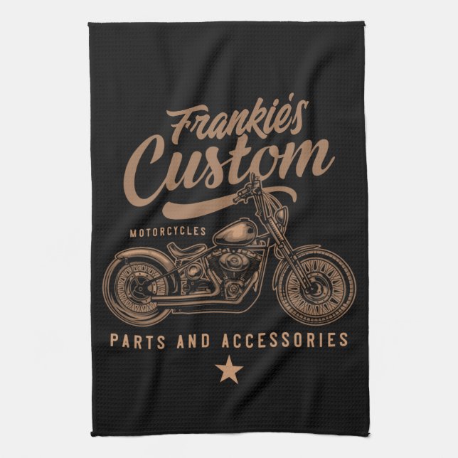 Personalisierte Bobber Motorradgarage Geschirrtuch (Vertikal)