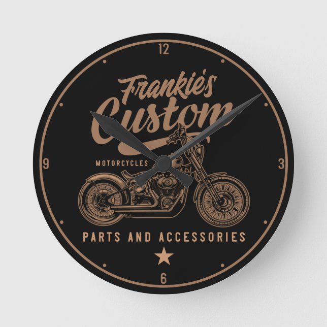 Personalisierte Bobber Motorradgarage Runde Wanduhr (Vorderseite)