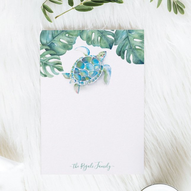 Personalisierte Bodenbeläge für Wasserfarben Mitteilungskarte (Turtle personal stationery features watercolor tropical art by Victoria Grigaliunas Do Tell A Belle)