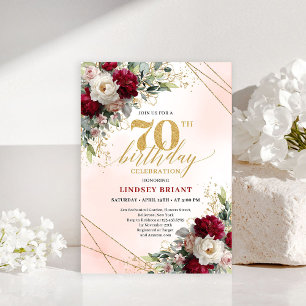 Personalisierte Boho-Burgunder-Blumen zum 70. Gebu Einladung
