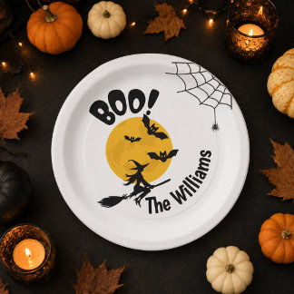 Personalisierte Boo-Hexe & Fledermäuse Halloween Pappteller