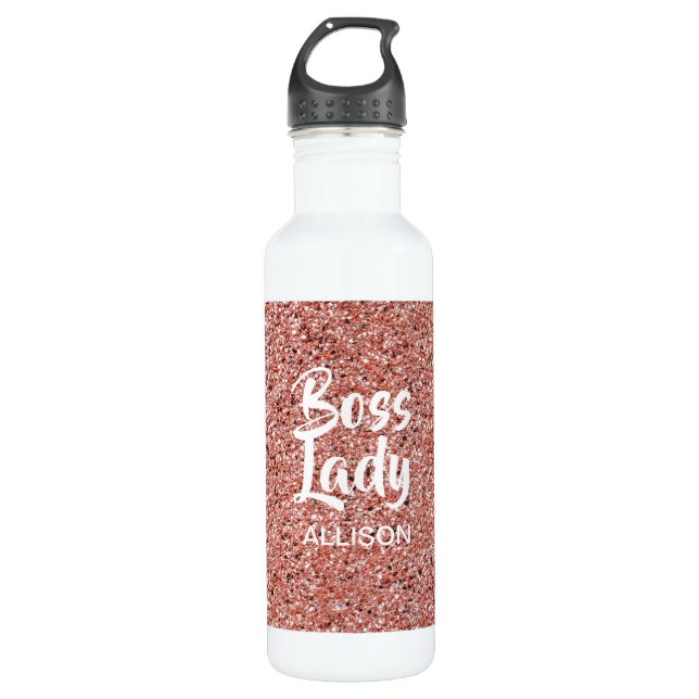 Personalisierte Boss Lady Rose Gold Glitzer Edelstahlflasche (Vorderseite)