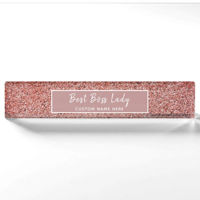 Personalisierte Boss Lady Rose Gold Glitzer Sparko Namensplakette (Vorderseite)