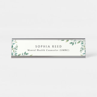 Personalisierte Botanische Aquarell-Grünblättrigke Schreibtischnamensplakette