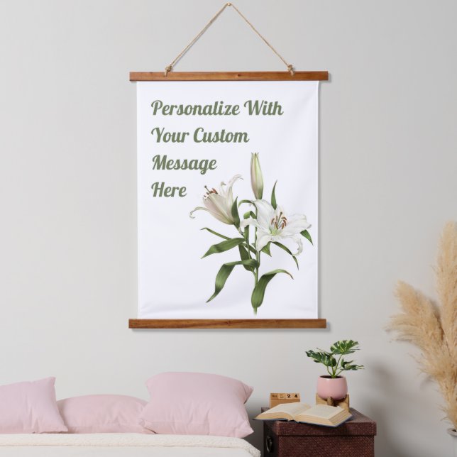 Personalisierte botanische Kunst der Weißen Lilie Wandteppich Mit Holzrahmen (Schlafzimmer)