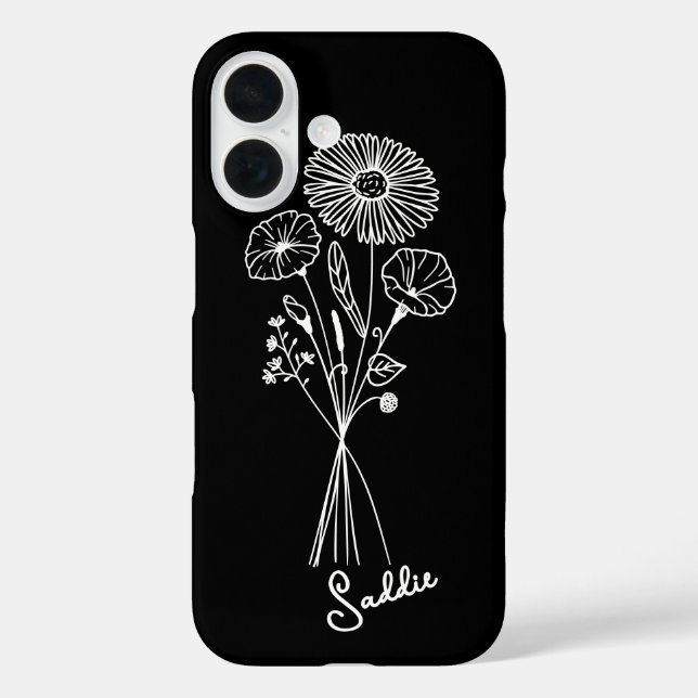 Personalisierte Bouquet mit Schwarz-Weiß-Linien Ku iPhone 16 Hülle (Rückseite)