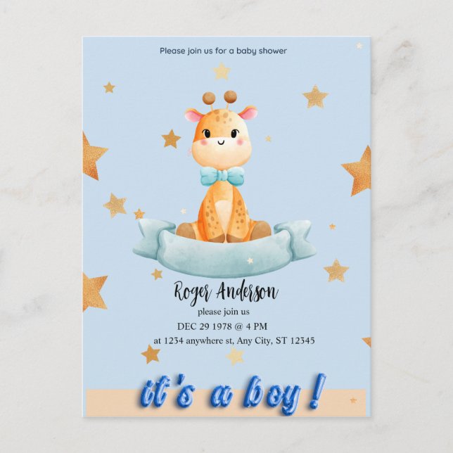 PERSONALISIERTE BOY BABY SHOWER-EINLADUNG ANKÜNDIGUNGSPOSTKARTE (Vorderseite)