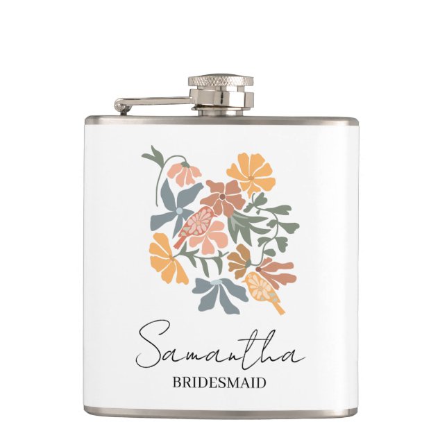 Personalisierte Brautjungfer-Blumen-Boho-Hochzeit Flachmann (Vorderseite)