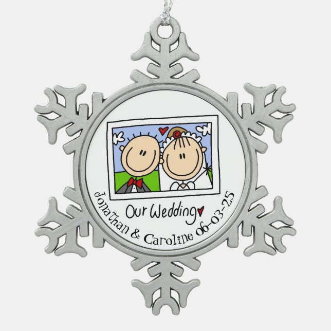 Personalisierte Bride Groom Foto Snowflake Ornamen Schneeflocken Zinn-Ornament (Vorderseite)