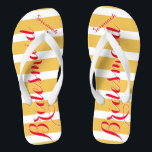 Personalisierte Bridesmaid Pinkish Red MistGelb Flip Flops<br><div class="desc">Flammenskorb Roter Schriftart und Misted Yellow and White Stripes Muster - Ändern Sie die Farbe Gelb und Rotes Rosa durch Klicken auf Anpassen. Außerdem sagen Sie alles, was Sie gewollt haben! Alles in allem! Machen Sie diese eine Art Flip Flops, die Ihre Nachricht auf ihnen haben. Sei das Gerede vom...</div>