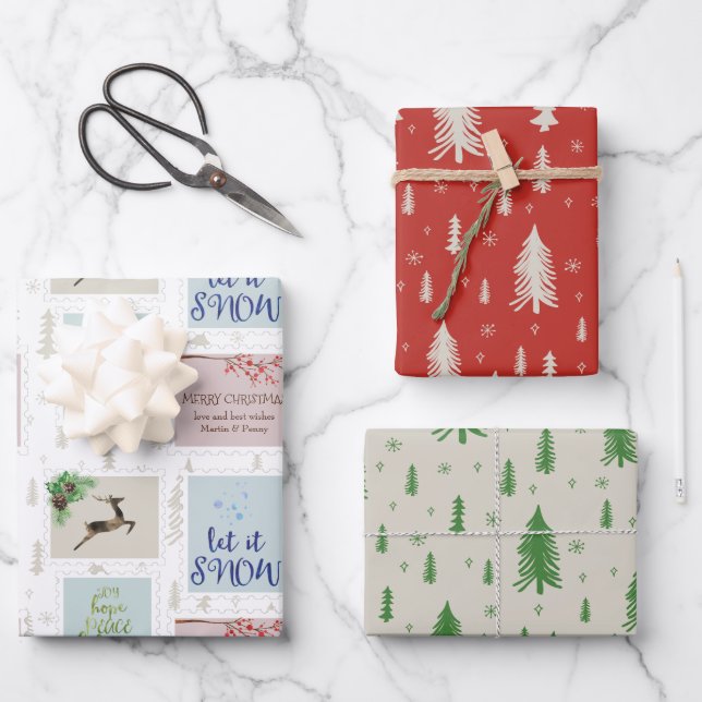 Personalisierte Briefmarke und Pine Tree Doodle Geschenkpapier Set (Vorderseite)