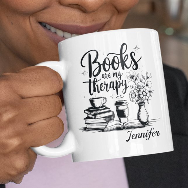 Personalisierte Bücher sind mein Therapie-Bücherwu Kaffeetasse (Books are my therapy mug)