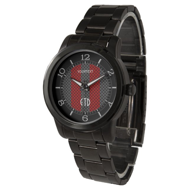 Personalisierte Bugundy Red Carbon Style Streifen Armbanduhr (Schrägansicht)
