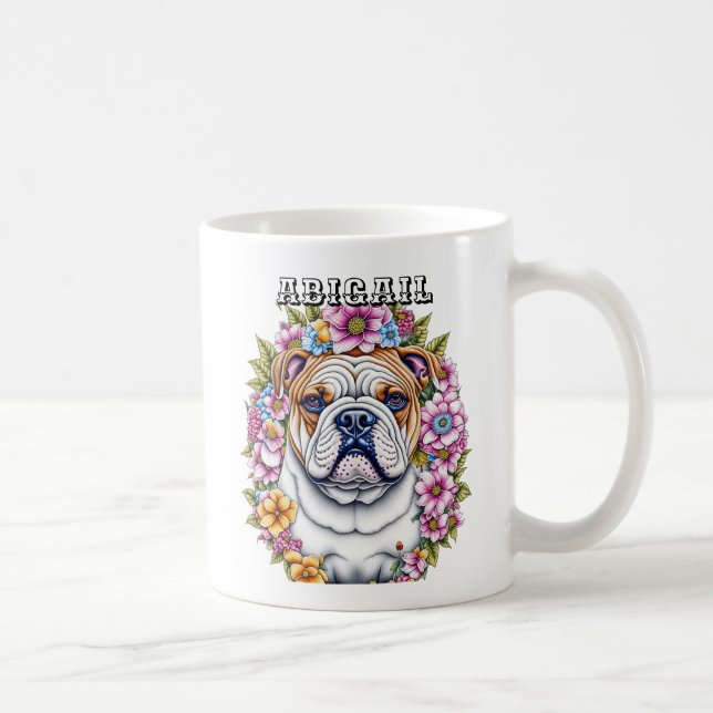 Personalisierte Bulldog und Whimsikäre Blume Kaffeetasse (Rechts)