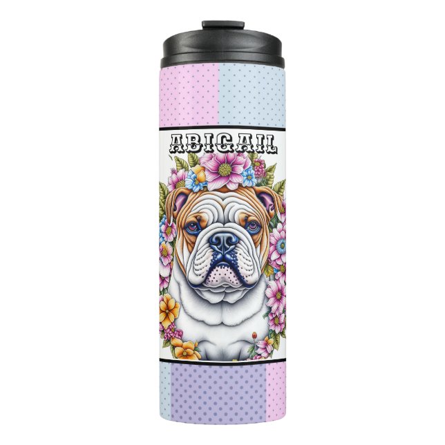 Personalisierte Bulldog und Whimsikäre Blume Thermosbecher (Vorderseite)
