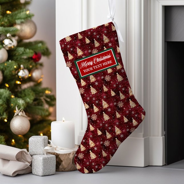 Personalisierte Burgund und Goldweihnachtsbäume Großer Weihnachtsstrumpf (Personalized Burgundy and Gold Christmas Trees Large Christmas Stocking)