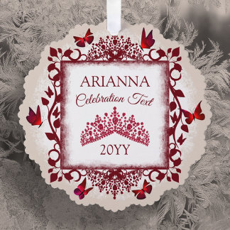 Personalisierte Burgunderrote & Beige Schmetterlin Ornament Karte