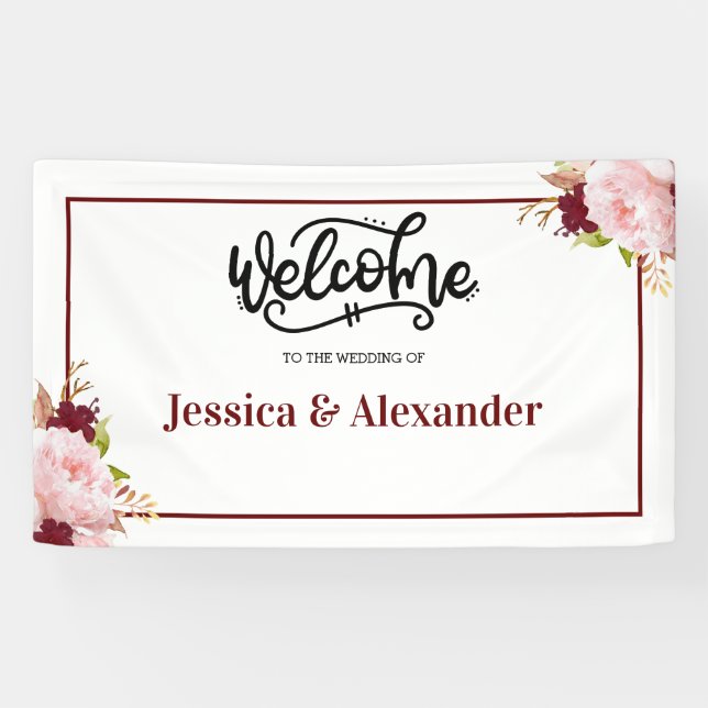 Personalisierte Burgundy Floral Wedding Banner (Horizontal)