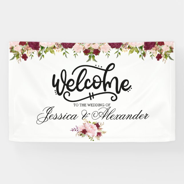 Personalisierte Burgundy Floral Wedding Banner (Horizontal)