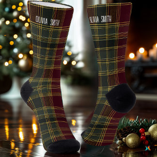 Personalisierte Burgundy- und Gold-Tartan-Karierte Socken