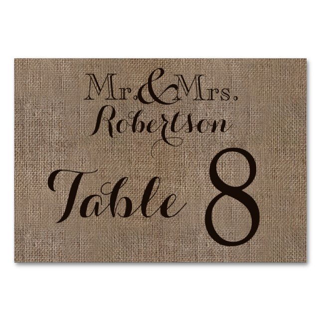 Personalisierte Burlap Rustic Wedding Tischnummer (Vorderseite)