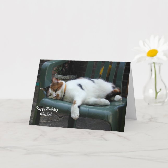 Personalisierte Calico Katze aufgerollt Stuhl Gebu Karte (Kleine Pflanze)