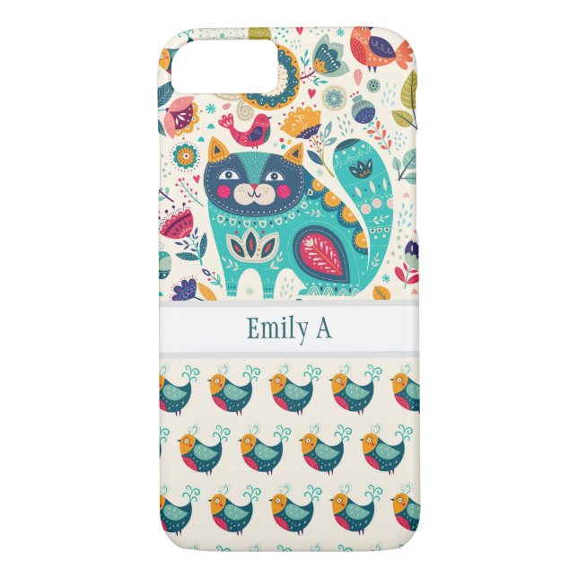 Personalisierte CAT Folk Art Decorative Vögel Blum Case-Mate iPhone Hülle (Rückseite)