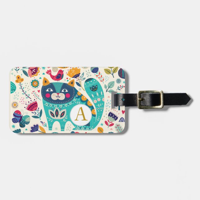 Personalisierte CAT Folk Art Decorative Vögel Blum Gepäckanhänger (Vorderseite horizontal)