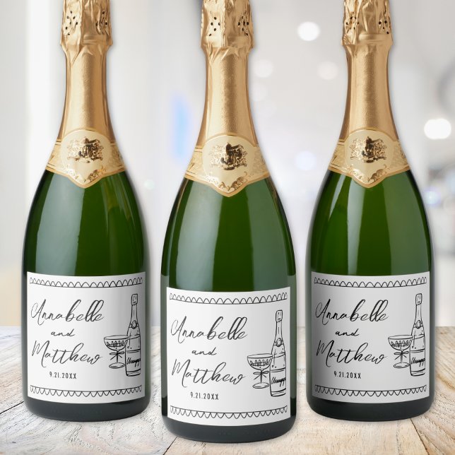 Personalisierte Champagner Hand Drawn Wedding (Personalized Champagne Hand Drawn Wedding Sparkling Wine Label)