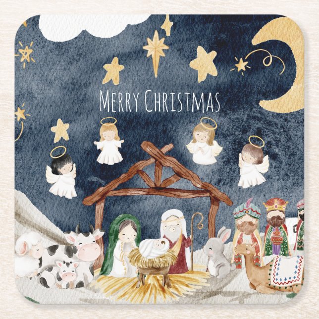 Personalisierte Christliche Weihnachten Kinderkrip Rechteckiger Pappuntersetzer (Vorderseite)