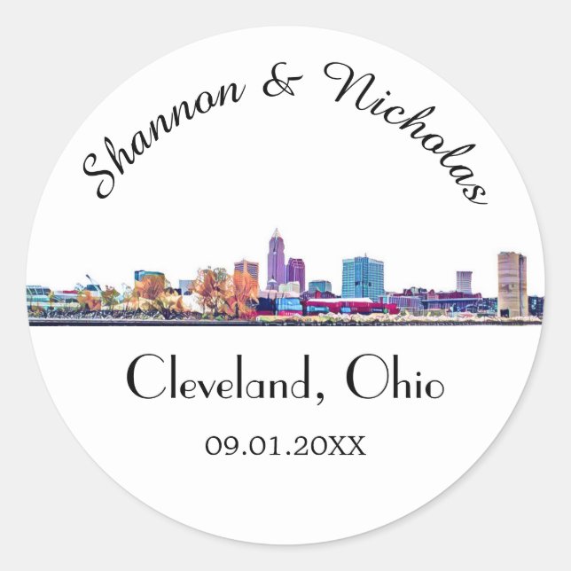 Personalisierte Cleveland Skyline Wedding Runder Aufkleber (Vorderseite)