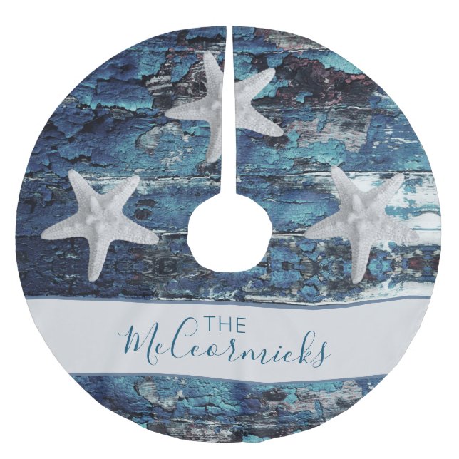 Personalisierte Coastblue Starfish Familie Polyester Weihnachtsbaumdecke (Vorderseite)