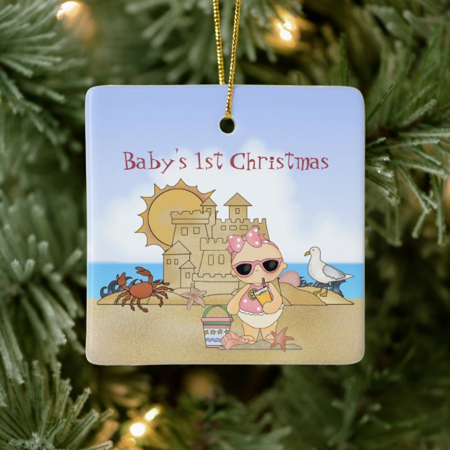 Personalisierte Coole Girl Beach Baby's 1. Weihnac Keramikornament (Baum)