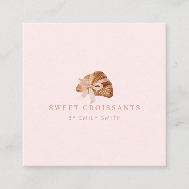 Personalisierte Coquette Croissant Pink Ribbon Quadratische Visitenkarte (Vorderseite)