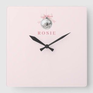 Personalisierte Coquette Diskothek Ball Rosa Band Quadratische Wanduhr