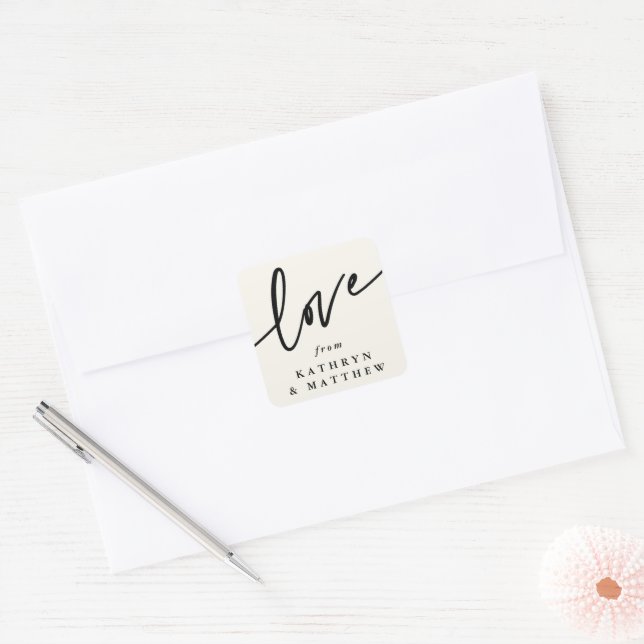 Personalisierte Cream + Schwarz-Liebe-Script-Schri Quadratischer Aufkleber (Umschlag)