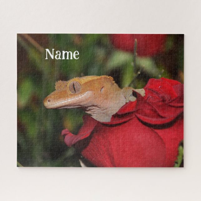 Personalisierte Crested Gecko Lizard auf einer Ros (Horizontal)