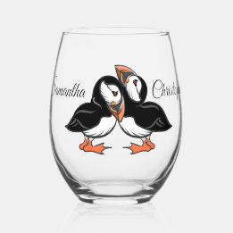 Personalisierte Cuddling Puffins Weinglas Ohne Stiel