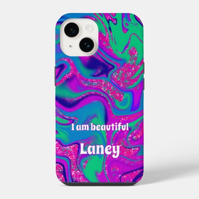 Personalisierte Custom Cool Groovy Pink Wavy Aquam iPhone 14 Hülle (Rückseite)