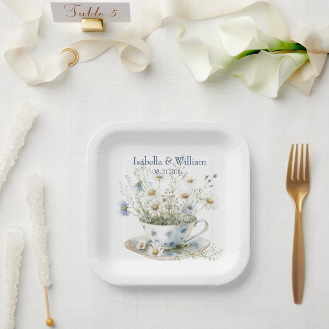 Personalisierte Daisy- und verblasste Blue Denim-B Pappteller (Hochzeit)