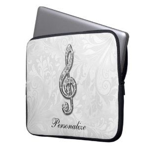 Personalisierte Diamant-Musiknote Floral Damast Laptopschutzhülle