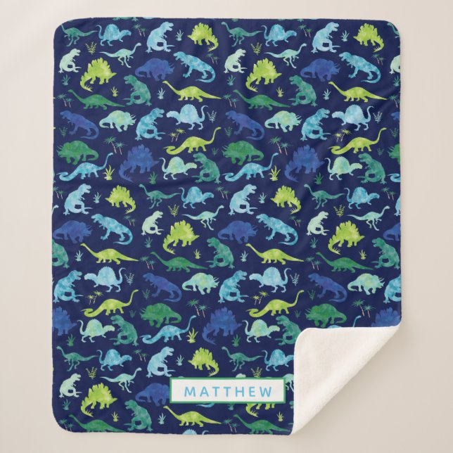 Personalisierte Dinosaurier Blaues Kindermuster Sherpadecke (Vorderseite)