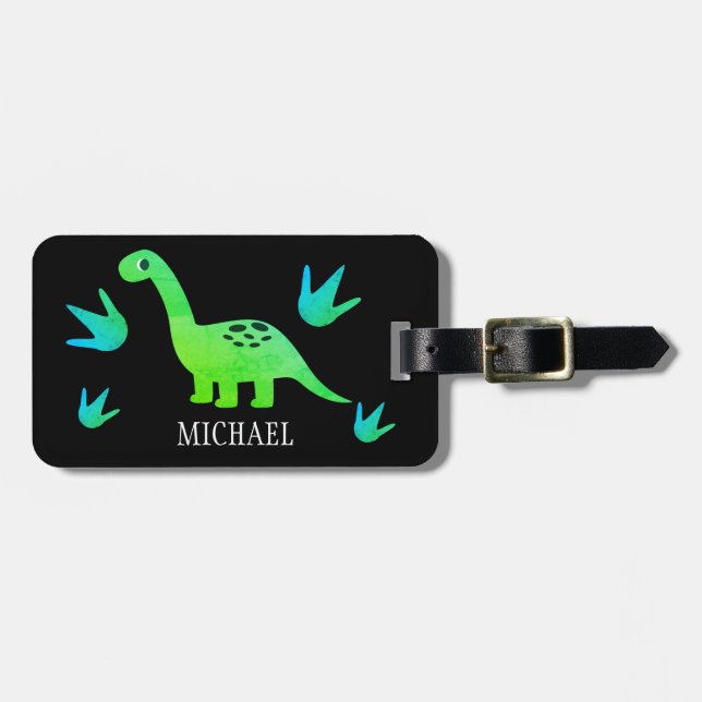 Personalisierte Dinosaurier-Reise Gepäckanhänger (Vorderseite horizontal)
