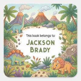 Personalisierte Dinosaurier-Tropen-Buch-Etikette Quadratischer Aufkleber