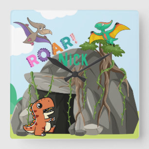 Personalisierte Dinosaurier und Freunde Quadratische Wanduhr