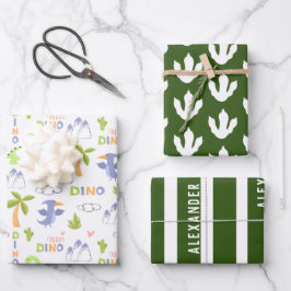 Personalisierte Dinosaurier Weiße und Grüne Kinder Geschenkpapier Set
