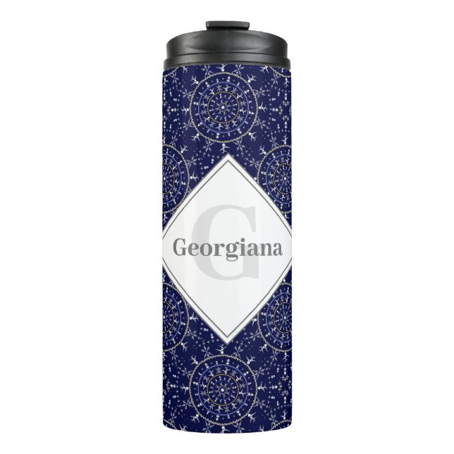 Personalisierte Ditsy Winter Snow Angels Snowmen T Thermosbecher (Vorderseite)