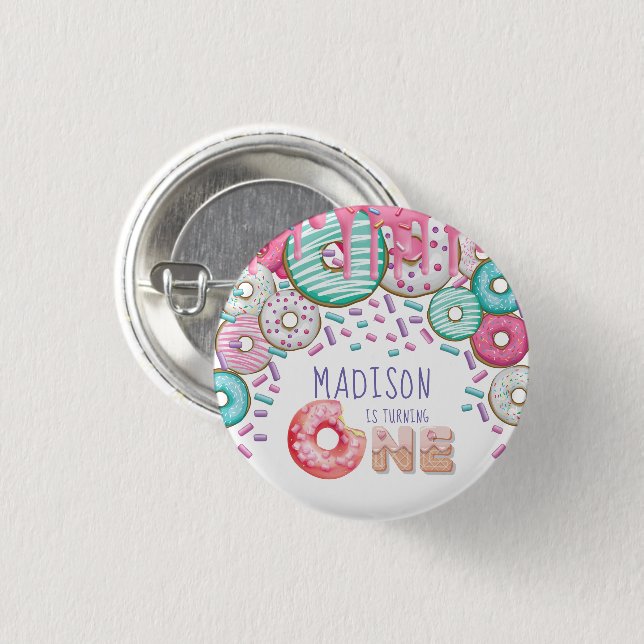 Personalisierte Donut Sprinkles zum ersten Geburts Button (Vorne & Hinten)