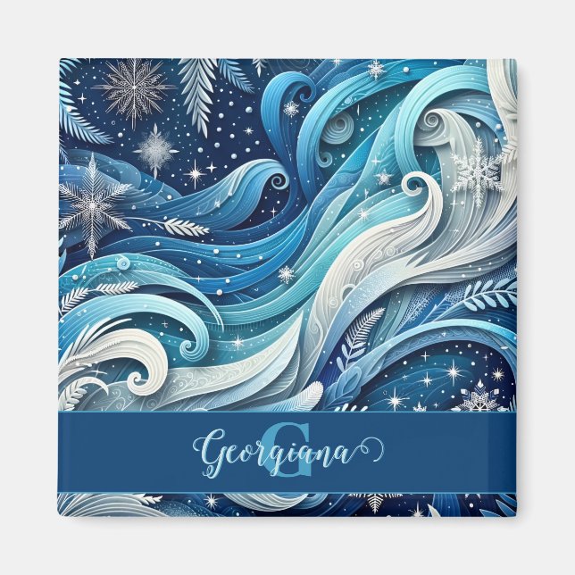 Personalisierte Dreamy Blue und Frosty Winter Wirb Magnet (Vorne)