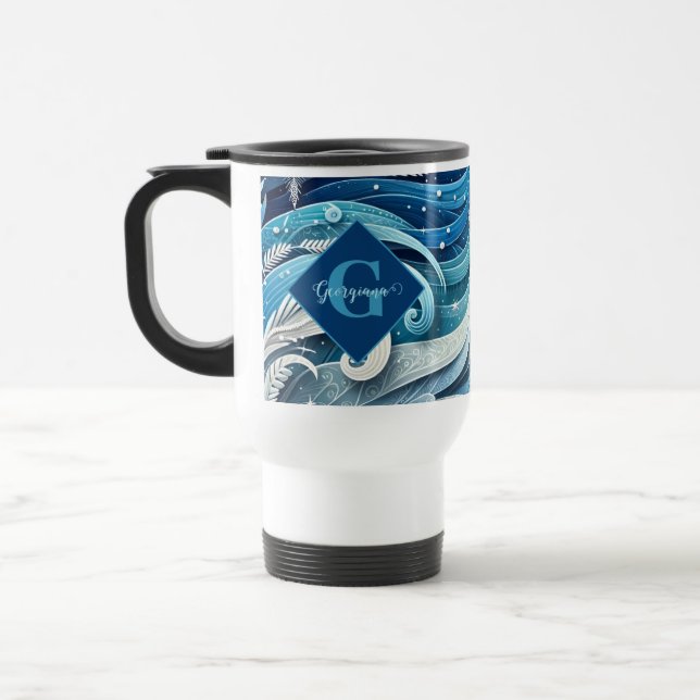 Personalisierte Dreamy Blue und Frosty Winter Wirb Reisebecher (Links)